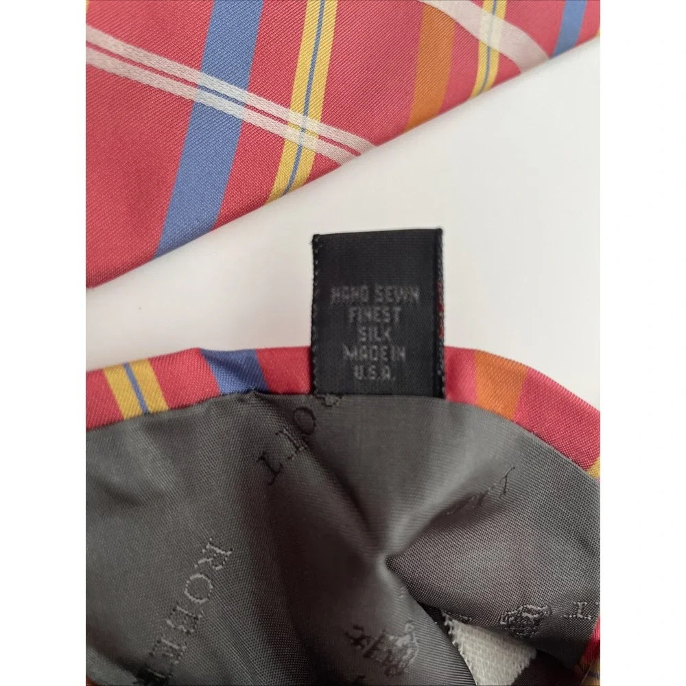 Robert Talbott Mens Red Plaid Silk Necktie Hand Sewn USA Blue Yellow Striped Tie